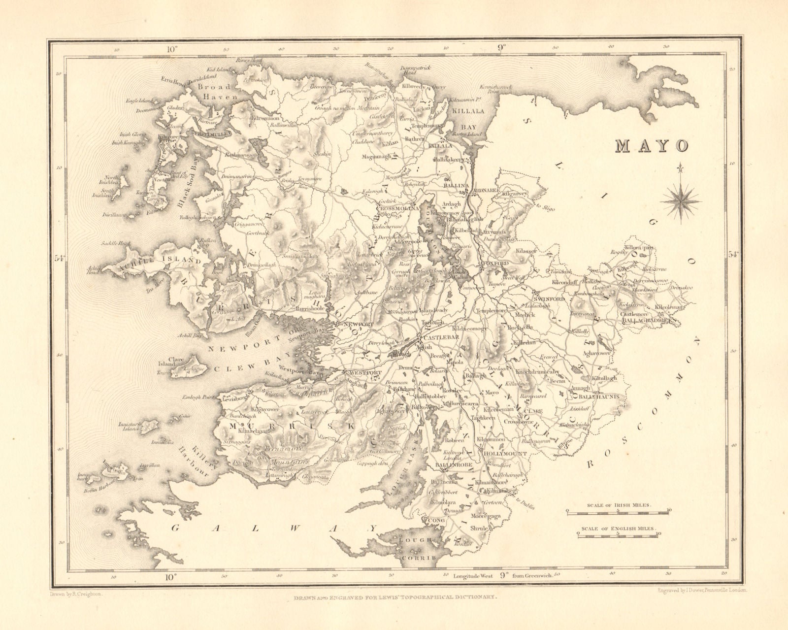 COUNTY MAYO antique map for LEWIS by CREIGHTON & DOWER - Ireland 1846 old